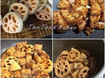step1: 蓮藕去皮切件。五花肉切件，下少許油爆香薑片，下五花肉煎至金黃，下蒜頭、乾蔥頭再爆香、下調味料炒勻，再下蓮藕炒勻，下水煮熱，倒入高速鍋炆15分鐘，盛起材料，汁液隔渣後回鍋煮熱，下生粉水埋好芡後，材料回鍋拌勻即可。
* 明火炆水份或需加一點點，小火炆30分鐘或以上至自己喜愛的軟腍度即可。