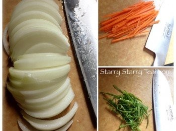 step1: 先將洋蔥、 紅蘿蔔和蔥放在雪櫃雪凍，才拿出來切幼絲。