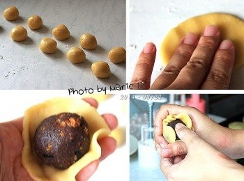 step5: 桌面灑上低粉以防沾粘
將麵糰取出移至桌面
分割成《每個 15g 的小麵糰》
一共是 20個。

將麵糰壓成薄餅皮，放進餡料
用虎口處慢慢推擠讓麵糰包覆住整個餡料