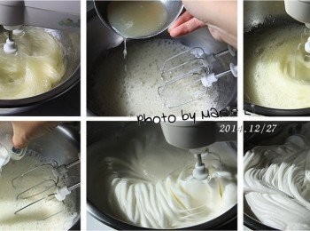 step6: 準備<span class="group_1">食材</span>(蛋白霜)：

蛋白：            5顆
細砂糖：          60g
新鮮檸檬汁：       5g

蛋白切勿沾染到蛋黃、油或水
放進工作鋼盆中先用打蛋器低速打出泡泡
到進新鮮檸檬汁繼續打出更多細緻泡泡
細砂糖分兩次加進來一起攪打拌勻
轉高速持續打至蛋白呈現濃稠挺立的狀態為止。
