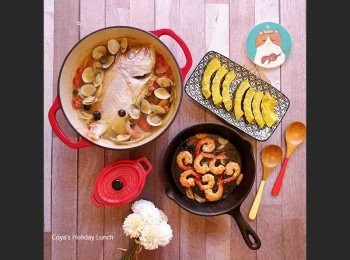 step6: 此道菜出現在本人馬不停蹄的挑戰100天不重複的假日午餐Part 12: 義式水煮魚、烤南瓜、橄欖油香蒜蝦