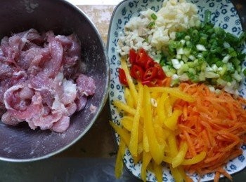 step1: 肉用<span class="group_3">醃料</span>醃約5分鐘，<span class="group_2">配料</span>全部切絲跟切末