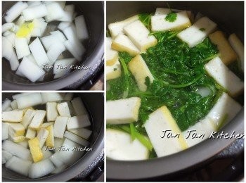 step1: 芫荽浸洗乾淨略剪短。白蘿蔔去皮切薄片較易熟。水煲滾，下蘿蔔片煮軟後，下芫荽、豆腐之類再煮8 分鐘，以鹽調味即可享用。