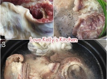 step1: 牛坑腩洗一洗，水滾加薑(4片)、蔥和牛坑腩一同飛水至滾起；