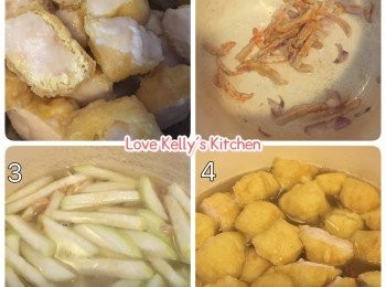 step1: 節瓜去皮切絲，蝦干洗乾淨用熱水浸軟，粉絲用熱水浸軟備用，豆卜切開一半然後釀上墨魚滑；