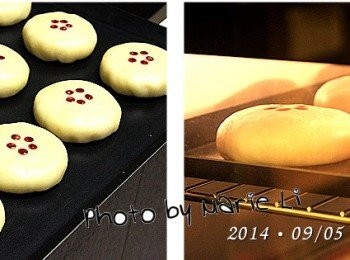 step8: 做好的《綠豆椪》取出間隔在烤盤上放好

拿一點紅麴粉加上少許冷開水調勻
用筷子沾紅麴水點在《綠豆椪》上面

※ 綠豆椪需要分兩階段來烘烤
    第一階段是定型、第二階段是溫烤才能烤出漂亮的酥皮。

《烘王A+ HW-9988，預熱 上170度、下170度》

第一階段先將烤箱設定好

上火：         170度
下火：         170度
烤盤放置：      上層
烘焙時間：  約10分鐘


第二階段將烤箱調成

上火：         150度
下火：         150度
烤盤放