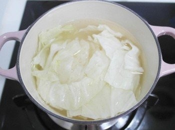 step1: 取一小鍋倒入適量的水及鰹魚粉~~ 水滾了之後加入高麗菜!!!