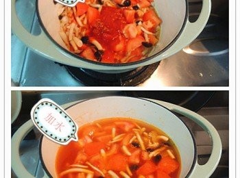 step3: <span class="group_1">食材</span>炒出香氣之後加入義大利麵醬稍微炒過，加入水(或高湯)，蓋上鍋蓋待水滾之後加入少許鹽調味