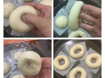 step8: 麵團鬆弛後，直接用大姆指從麵團中間插入，要插穿過去，接著延著中間的洞，略微平均的拉開成甜甜圈狀，並放著再鬆弛ㄧ下。