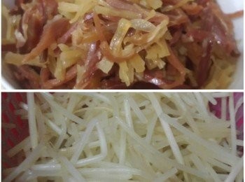 step4: 把瑤柱和金華火腿絲一起炒香。銀芽炒至剛熟後
盛起隔水份。