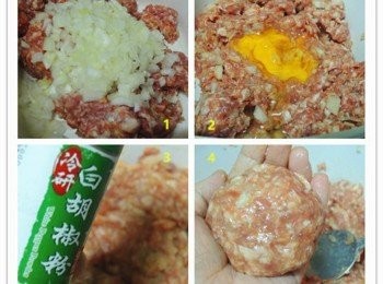 step3: 接著按圖的1~4放入洋蔥末、雞蛋、白胡椒粉，將肉拌勻後稍後甩打之後捏出手掌大小的肉丸