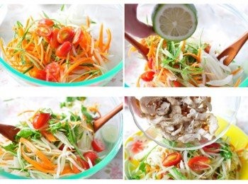 step5: 接著將木瓜絲與其他鮮蔬備料放入拌盆中，擠入檸檬汁等<span class="group_2">醬料</span>充分拌勻後裝盤，最後再把交麻花生雞絲鋪上即可