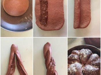 step6: 用木棍把麵團推開成8x15cm的長方形, 在長邊抹上榛子醬，從長邊捲起來，收口, 用刀在中間切半，頂部不要切斷，扭成麻花狀