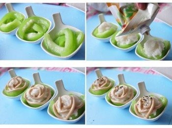 step3: 將川燙後的絲瓜放置稍涼後擺入小碟中，再擺上山藥絲於中間，並擠上芝麻醬沙拉，最後灑上少許的黑白芝麻