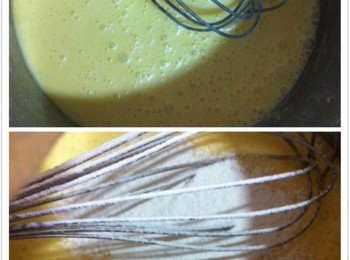 step3: 然後篩入低筋麵粉和食水，輕輕的攪拌均勻。