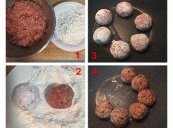 step3: 太白粉放盤子裡，手沾濕甩掉多餘的水份後，用湯匙舀適量絞肉放手上，交叉甩在兩手上，並朔成圓型後放在太白粉上，整顆沾上粉後再略甩一下讓多餘的粉掉下來後靜置回潮，再用平底鍋將<span class="group_2">獅子頭</span>煎上色，