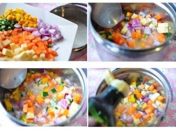 step3: 接著將所有時蔬丁放入內鍋中與白米稍拌勻，再滴入數滴玄米油