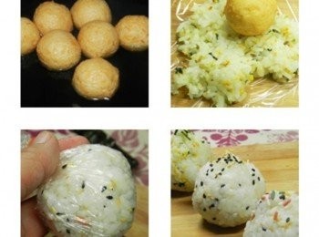 step4: 起司球入水鍋內煮熟，白飯可以拌上香鬆、黑白芝麻、彩色巧克力米，保鮮膜上鋪上拌好的飯，再放上一個起司球，用力包好，起司飯團就完成囉！