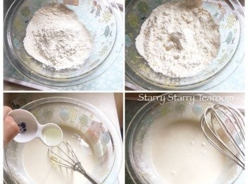 step1: 將高筋麵粉、低筋麵粉、鹽和baking powder都倒進大碗內。加入牛奶攪拌至沒有粉粒。然後加入2小匙油，拌勻。