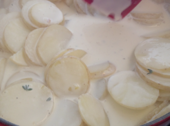 step1: 馬鈴薯洗淨連皮切片切片待用，大約0.5cm厚。
鮮奶：鮮忌廉煮熱，加入白胡椒粉，小火一邊煮，一邊攪勻，滾後加入已經切片的馬鈴薯，加入新鮮Thyme百里香的葉，蒜蓉。