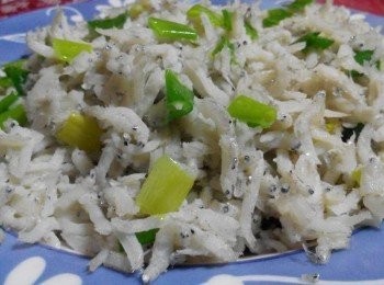 step1: 先把魩仔魚洗淨一下，青蔥切小段備用，