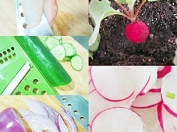 step1: 櫻桃蘿蔔、小黃瓜洗淨瀝乾刨薄片，
紫洋蔥切細絲、牛番茄取皮就好切小丁，
酸豆切碎，紅辣椒、香菜梗切細末，
超市買回的白肉魚生魚片薄切備用。