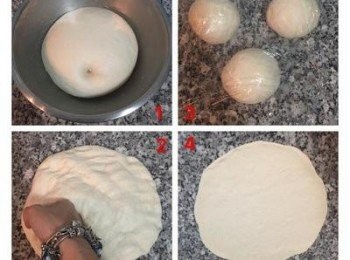 step3: 1.待麵糰發酵到兩倍大,用手指戳入不回彈,即完成發酵。 2.倒到工作檯上,手握拳輕壓麵糰,將空氣排出。 3.依各人喜好,秤重切割成3份(@177g麵皮較有厚度)或4份(@132g麵皮較薄);滾圓後蓋保鮮膜靜置10分鐘做鬆弛。 4.工作檯上撒些麵粉,麵糰上也是,用手略壓扁後,用桿麵棍桿成小圓型。