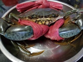 step1: 新鮮肉蟹，將蟹反轉放入蒸爐，蒸13至15分鐘
