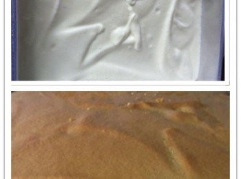 step5: 烤到大概30左右分鐘，蛋糕表面呈現金黃色，馬上在頂部置一個烤盤或者放上錫箔紙，以免蛋糕表面過焦，然後把烤箱溫度調整180度。
再烘烤約40分鐘，查看蛋糕是否完全熟透，取出。馬上從模型取出，然後倒扣，待冷切片即可享用。