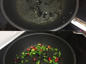 step10: 另開一鍋，下一點點油，先爆香豆豉，有香味後下蔥粒、指天椒粒爆香