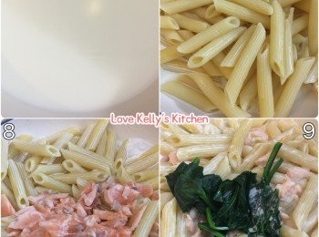 step4: 先用淡忌廉熱加入長通粉，然後加入三文魚碎兜均後，再加入已混合好的麵粉和水，最後放入已烚好的菠菜；