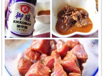 step2: 先將牛肉塊以【龜甲萬 -御釀醬油】及其他<span class="group_2">醃料</span>醃漬片刻、桂圓用溫水泡至軟化