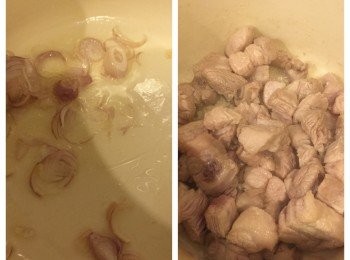 step2: 爆香紅蔥頭再加肉排入去煎，煮至轉色就可以先盛起備用；