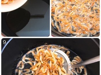 step4: 倒入300ml獅球嘜粟米油用大火熱油，放入櫻花蝦轉中火爆香，盛起備用；