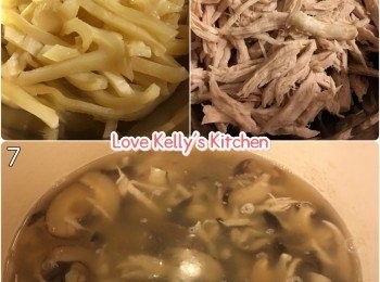 step2: 豬肉飛水，另外清雞湯加水滾起後加入已飛水的豬肉用中細火煲10分鐘後盛起撕成一條條；