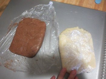 step5: 将两部分面糊都拌至成团，将两块面团分别压成面积大小的方形