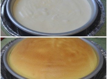 step4: 將麵糊倒入模具內(如用活動底模具需用錫紙包好或用錫紙器皿盛戴)，然後再放進已注入半滿熱水的焗盤內，用180℃(已預熱)焗約60分鐘。(可用竹籤插入蛋糕中央，如沒有粉漿黏著，表示蛋糕已熟透)