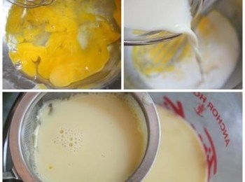 step1: 雞蛋打散, 加入豆漿攪拌均勻後, 過篩, 成為布丁液