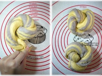 step3: 10 接著把左邊折1/3上來後，再塗上芋頭泥
11 最後把右邊1/3折上來後，對半切開
12 切開的二條先各自扭轉後，再把二條扭轉成一條
13 最後順著扭團方向把長條轉一圈，最後面的尾巴收到圓的下方 
14 另一份也同上做法