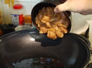 step1: 起一油鍋，先將雞肉放入拌炒。