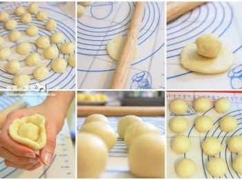 step9: 【組合】將醒置好的<span class="group_2">油皮</span>麵皮平均分割成配方份量(20g/1個)，捏成圓形。