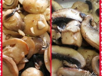 step6: 將蘑菇，草菇用蒜頭，乾蔥大火煎香備用