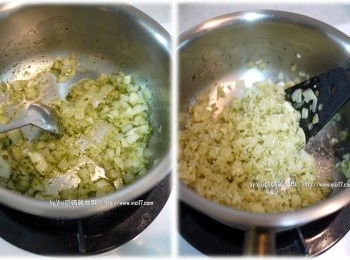 step2: 2 接著倒入青醬二大匙，炒勻後加入白飯，充份拌勻即可