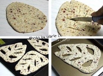 step4: 發酵後的麵糰先排氣，然後等分成四份
揉圓，再靜置 20 分鐘讓麵糰鬆弛
(這部份忘了拍照)

取一份麵糰，輕輕按壓排氣
將它擀成厚度約 0.5cm 的三角狀
於三角頂端切一小口
再葉面上左右兩邊各切三痕葉脈
把麵糰移到烤盤上靜置一個小時做最後發酵。

※盡量將切口拉開就能看到美麗的闊葉形狀