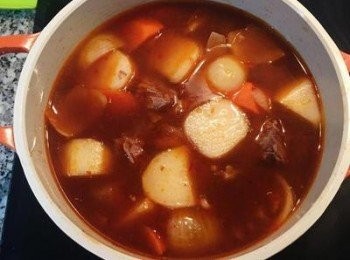 step9: 濾入一開始煮牛腱的高湯，直到淹沒所有的料，大火煮滾後，試味道用鹽調整（不需太鹹，因為燉煮後會收汁）；蓋鍋蓋轉小火，燉煮30-45分鐘即可。食用時灑上蔥花。