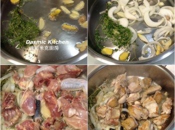 step6: 加入洋蔥/薑片/蒜片/百里香束拌炒約40秒至辛香料香味溢出，挪至鍋子一旁