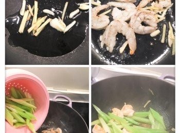 step2: 2.西芹切條狀洗淨備用 
3.將100熱水加一茶匙油，一茶匙鹽煲滾後加入西芹煮至六成熟隔水備用 
4.爆香薑蒜後加入蝦仁炒至金黃色 
5.將西芹回鑊，加入<span class="group_3">調味料</span>抄勻即成