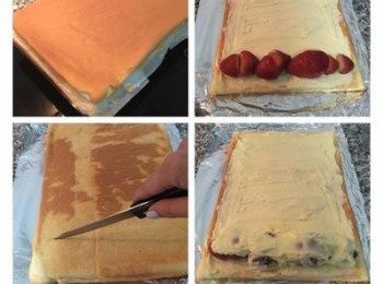 step6: 取出後，敲一下烤盤，馬上連烘焙紙一起抬起放到架子上冷卻，要趁熱先把四邊的紙往下拉開,等完全冷卻後,桌上鋪張鋁箔紙將蛋糕倒扣撕除底下的紙,小刀輕劃幾刀但不能太深，方便等一下捲。 接著均勻塗上冷藏的馬斯卡彭<span class="group_2">內餡</span>，排上對切的草莓。輕輕的利用鋁箔紙卷起。兩邊略轉緊，放冰箱冷藏半小時即可切食。