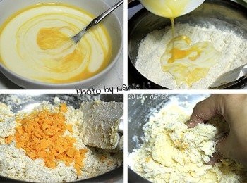 step4: 《優格與雞蛋》量秤好混在一起
倒入鋼盆中與粉類<span class="group_1">食材</span>以按壓的方式稍加拌勻
再將冷凍的乳酪(或巧克力)碎屑加進去捏合
動作要迅速點，盡量在短時間內把材料捏成糰
切記不可搓揉以免產生筋性而影響口感喔！