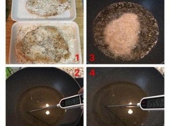 step5: 油鍋中放適量的油加熱到170-180度。 排骨沾地瓜粉，靜置回潮。 油溫到175度時，下里肌肉中火炸到表皮酥脆後起鍋，把油溫再拉高到190度後，